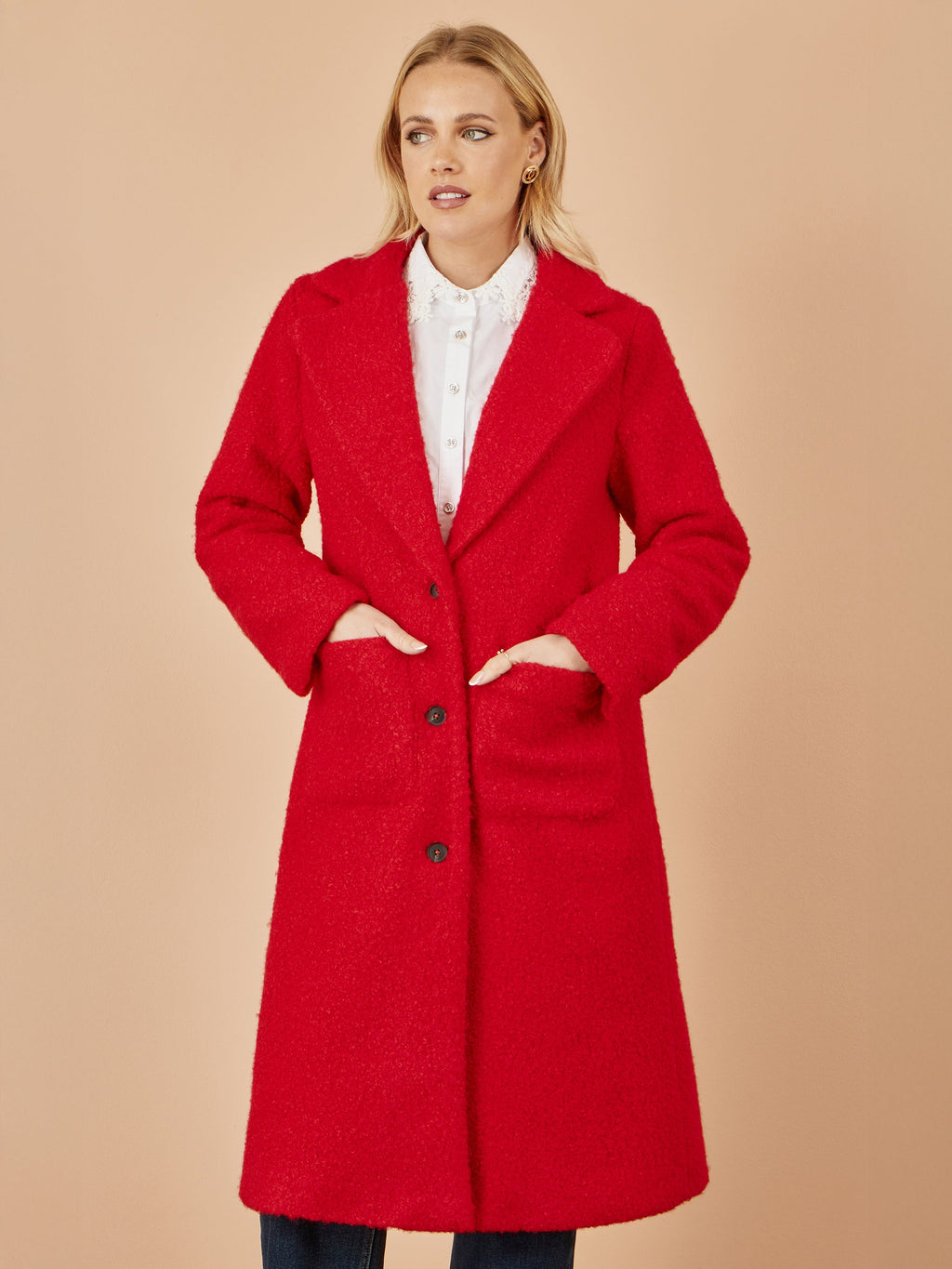 Yumi Red Boucle Long Line Coat