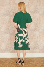 Yumi Green Recycled Fabric Crane Print Kimono Midi Dress