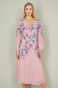 Yumi Pink Floral Placement Button Down Midi Dress With Long Sleeves