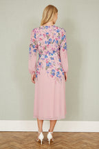 Yumi Pink Floral Placement Button Down Midi Dress With Long Sleeves