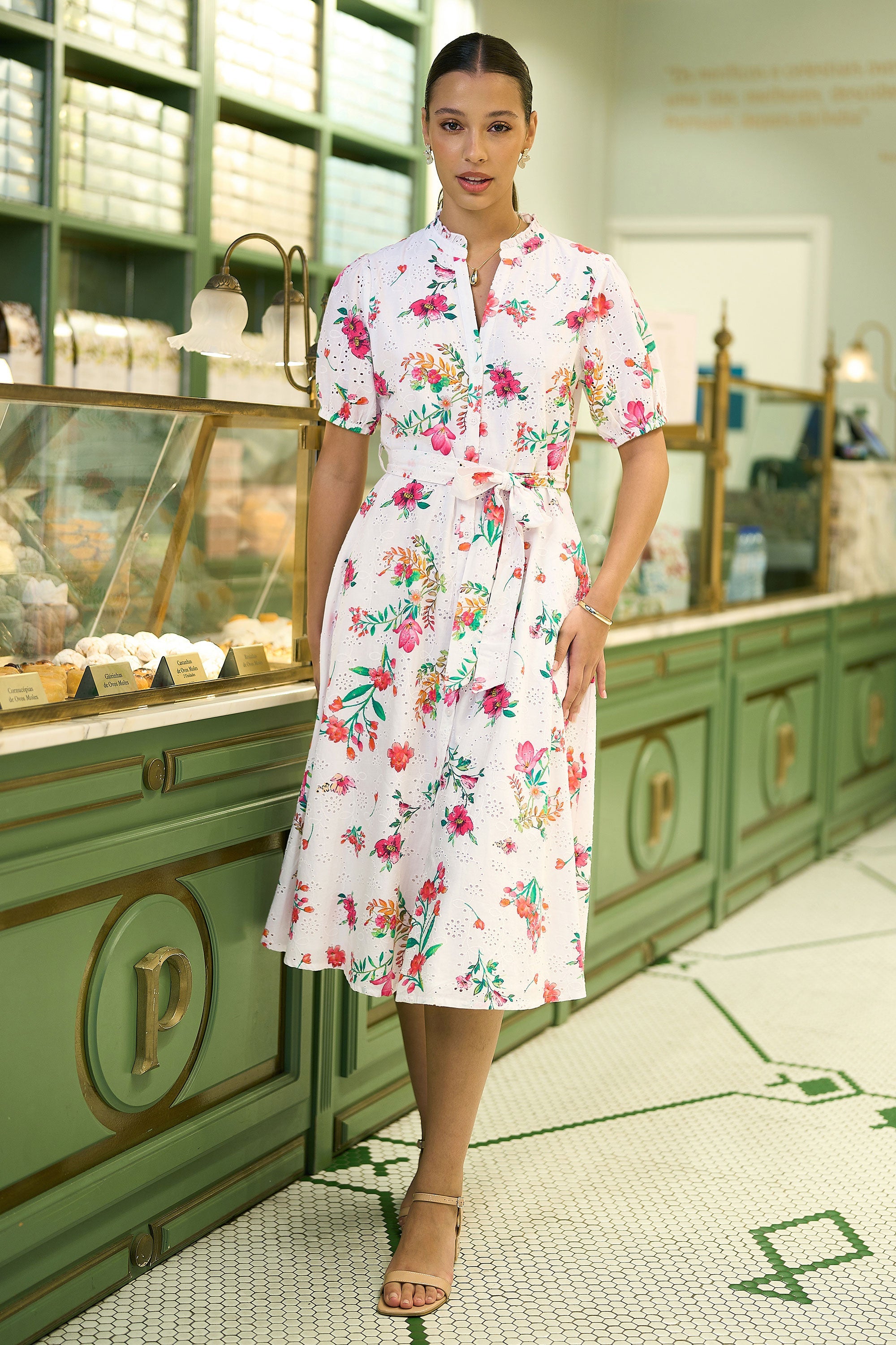 Yumi White Floral Print Cotton Broderie Anglaise Midi Shirt Dress