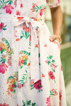 Yumi White Floral Print Cotton Broderie Anglaise Midi Shirt Dress