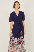 Yumi Navy Mesh Wrap Midi Dress With Floral Hem Border