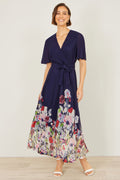 Yumi Navy Mesh Wrap Midi Dress With Floral Hem Border