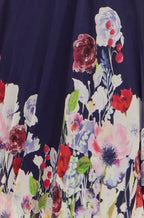 Yumi Navy Mesh Wrap Midi Dress With Floral Hem Border