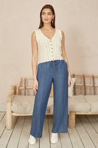 Yumi Beige V Neck Button Down Crochet Knitted Top