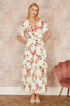 Yumi Ivory Floral Mesh Tiered Maxi Dress