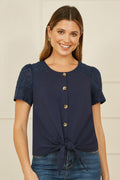Yumi Navy Jersey Button Detail T-Shirt With Broderie Anglaise Sleeves And Tie Front