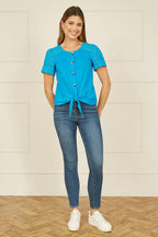 Yumi Blue Jersey Button Detail T-Shirt With Broderie Anglaise Sleeves And Tie Front