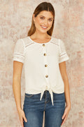 Yumi White Jersey Button Detail T-Shirt With Broderie Anglaise Sleeves And Tie Front