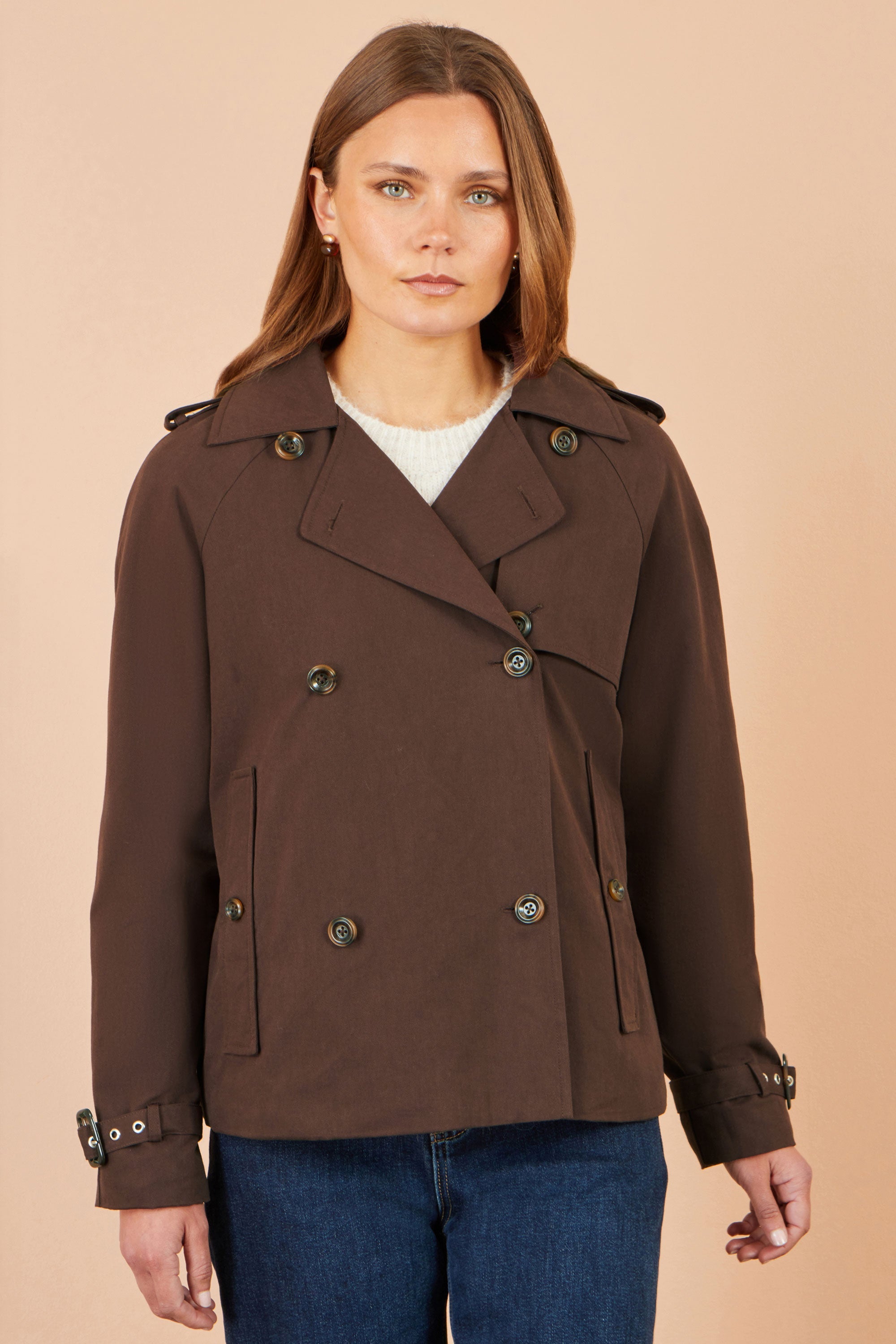 Yumi Brown Cropped Trench Coat With Check Lining