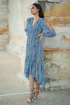 Yumi Blue Paisley Dipped Hemline Midi Dress With Open Long Sleeves