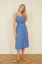 Yumi Blue Block Print Midi Sun Dress With Button Details