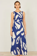 Yumi Navy Abstract Maxi Dress With Tie Back