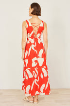 Yumi Orange Abstract Maxi Dress With Tie Back