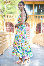 Yumi Multicolour Abstract Flower Maxi Dress With Tie Back