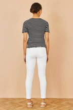 Yumi Black Striped Cotton Jersey Lettuce Trim T-Shirt