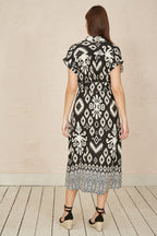 Yumi Black Abstract Geo Print Relaxed Midi Shirt Dress With Belt
