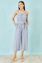 Yumi Blue Cotton Stripe Button Through Jumpsuit
