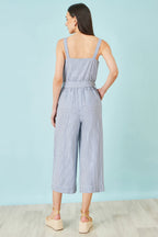 Yumi Blue Cotton Stripe Button Through Jumpsuit