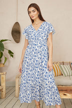 Yumi Blue Floral Printed Broderie Anglaise Ruched Waist Midi Dress