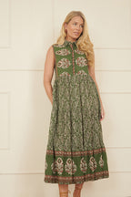 Yumi Green Cotton Paisley Midi Sleeveless Shirt Dress