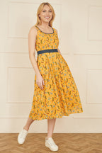 Yumi Mustard Floral Skater Dress With Denim Trims