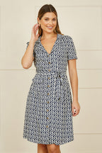 Yumi Navy Geo Print Retro Style Shirt Dress