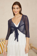 Yumi Navy Popcorn Yarn Tie Front Bolero