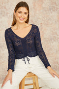 Yumi Navy Crochet Top With Front Ruching