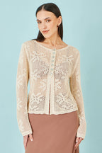 Yumi Beige Flower Crochet Button Up Cardigan