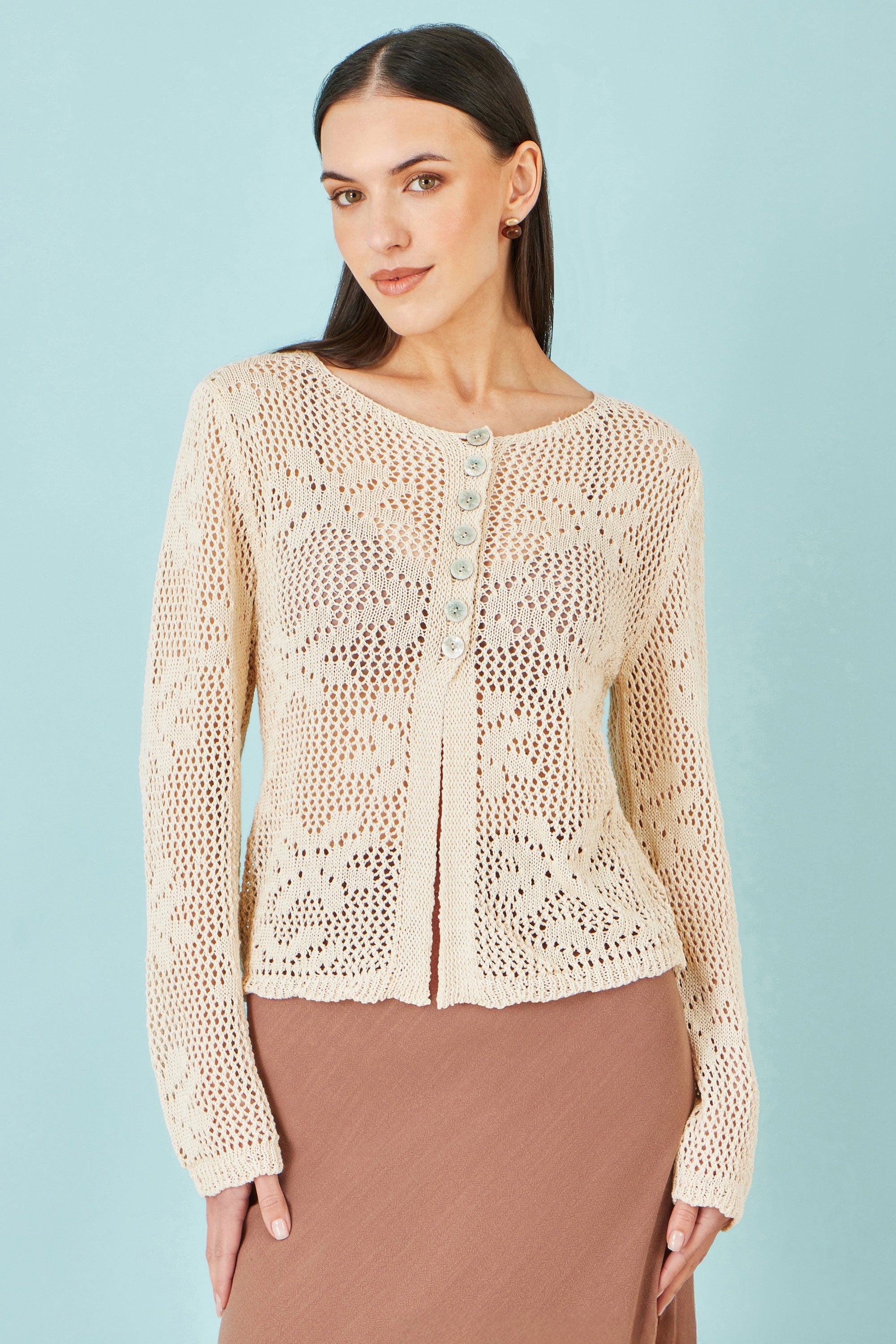 Yumi Beige Flower Crochet Button Up Cardigan