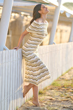 Yumi Beige Stripe Crochet Knit Bardot Midi Dress