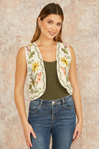 Yumi White Floral Embroidered Cotton Waist Coat
