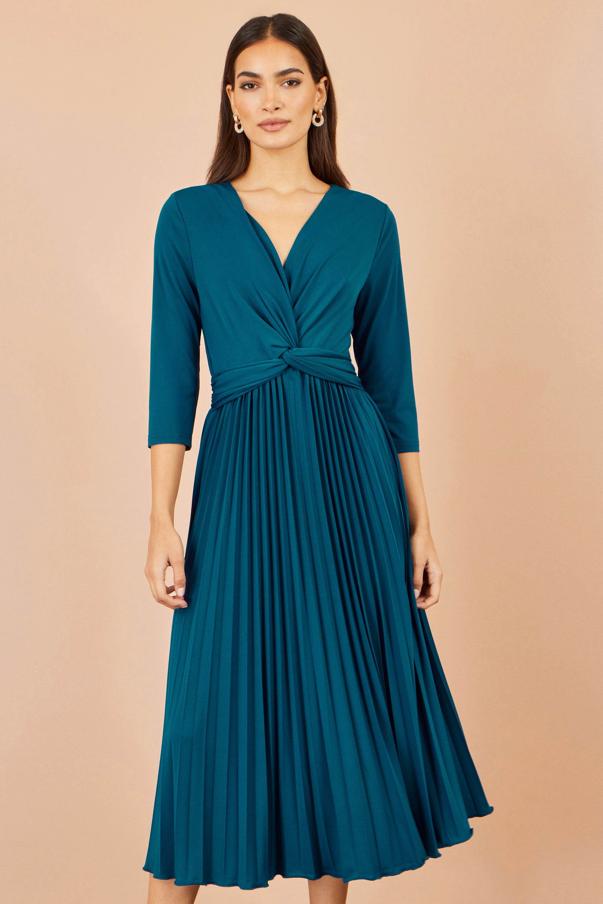 Yumi Teal Stretch Wrap Pleated Midi Dress