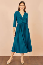 Yumi Teal Stretch Wrap Pleated Midi Dress