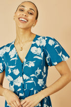 Yumi Teal Floral Button Down Floral Midi Dress