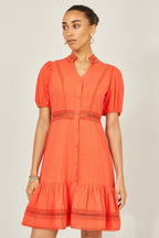 Yumi Orange Cotton Lace Trim Skater Shirt Dress
