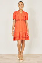 Yumi Orange Cotton Lace Trim Skater Shirt Dress
