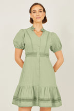 Yumi Green Cotton Lace Trim Skater Shirt Dress