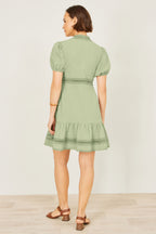 Yumi Green Cotton Lace Trim Skater Shirt Dress