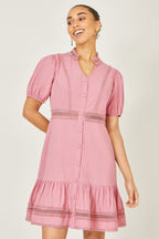 Yumi Pink Cotton Lace Trim Skater Shirt Dress