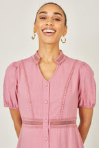 Yumi Pink Cotton Lace Trim Skater Shirt Dress
