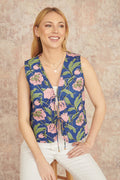 Yumi Navy Flower Reversible Cotton Quilted Waistcoat