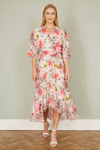 Yumi Ivory Vintage Floral Wrap Midi Dress With Frill