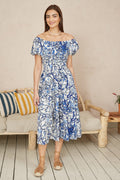 Yumi Blue Ruched Waist Bardot Blossom Tree Print Midi Dress