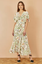 Yumi Ivory Floral Print Ruched Waist Midi Dress With Kimono Sleeves