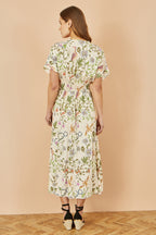 Yumi Ivory Floral Print Ruched Waist Midi Dress With Kimono Sleeves