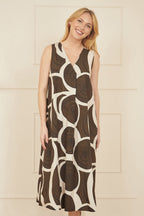 Yumi Brown Cotton Abstract Circle Trapeze Relaxed Midi Dress