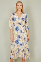 Yumi Cream Vintage Floral Wrap Midi Dress With Frill
